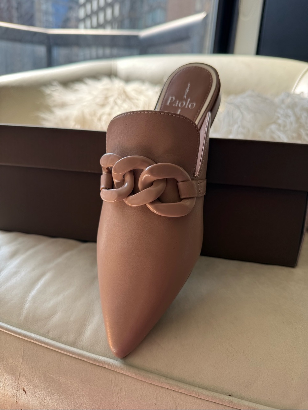 New, Linea Paolo Adora Nude Leather Mules 6.5